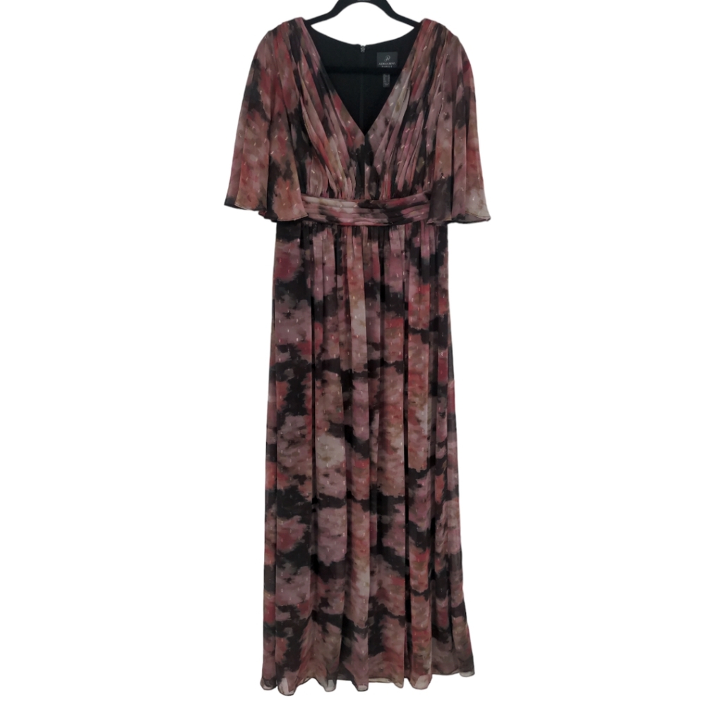 Adrianna Papell Womens Floral Chiffon Draped Gown Dress Size 8 Flowy Maxi V Neck